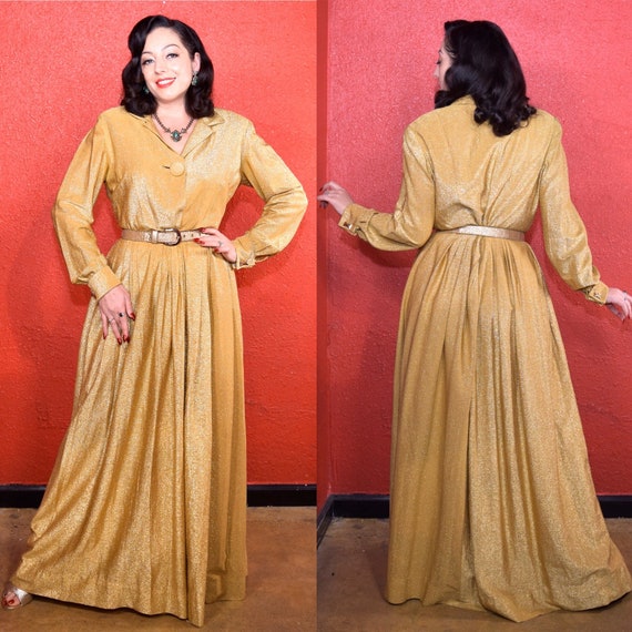 1960s Gold Lurex Hostess Gown Dress Large XL