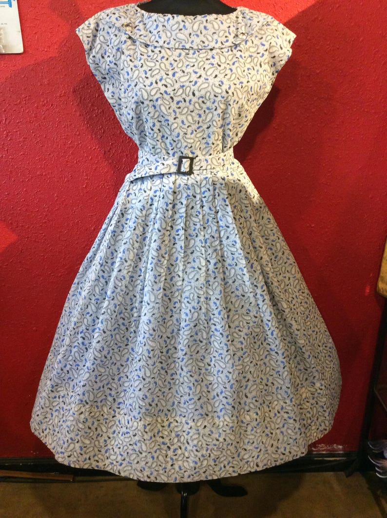 1950s Large Print Dress Blue Paisley Plus Size Nylon Seersucker image 1
