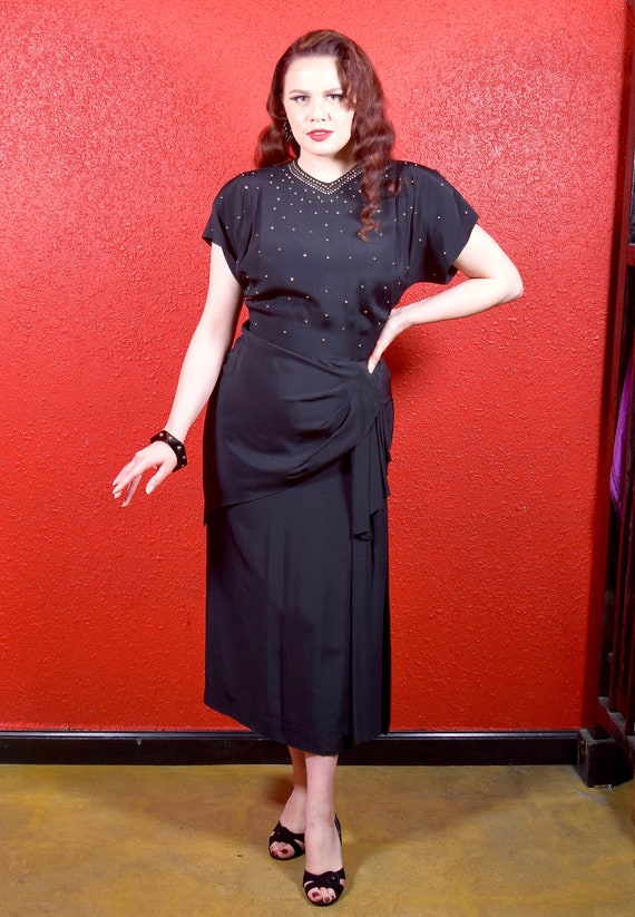 1940s Studded Black Crepe Draped Dress