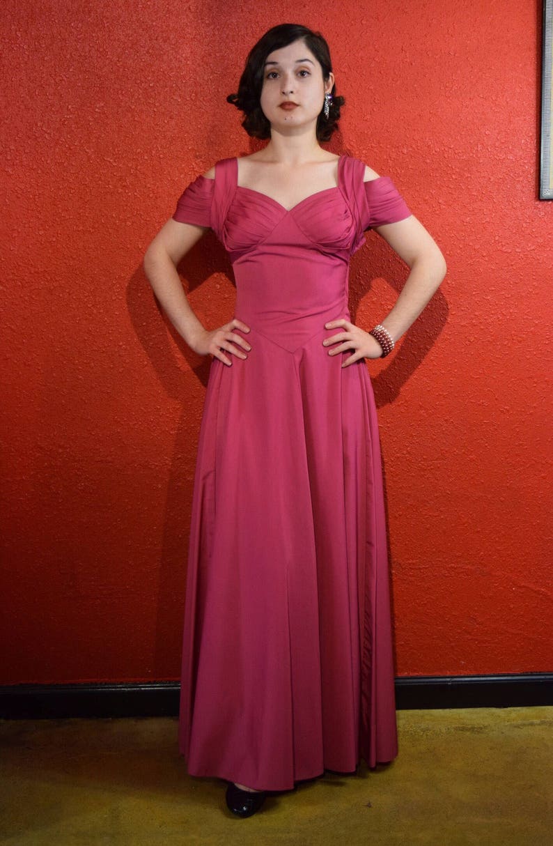 1940s Magenta Pink Gown Off Shoulder XS image 3