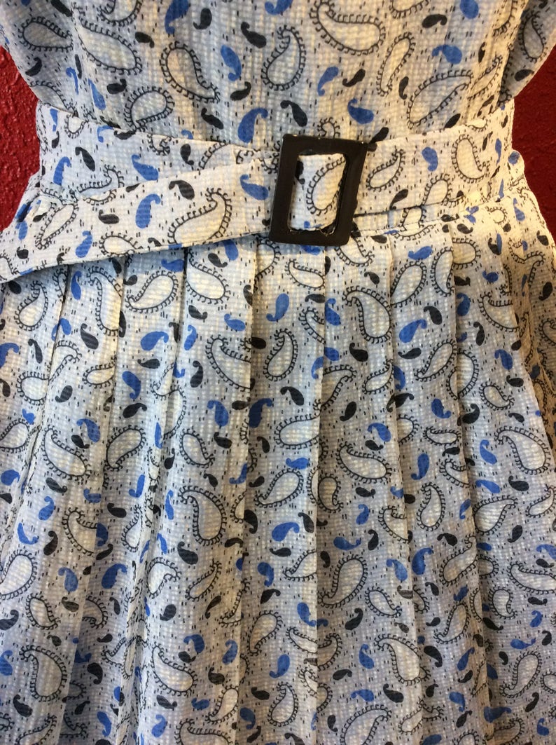 1950s Large Print Dress Blue Paisley Plus Size Nylon Seersucker image 6