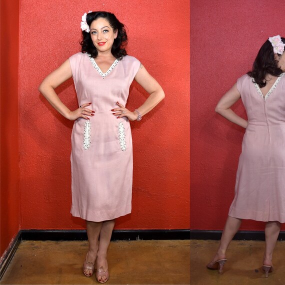 1950s Pink Linen Sheath Wiggle Dress Mrs Maisel S… - image 6