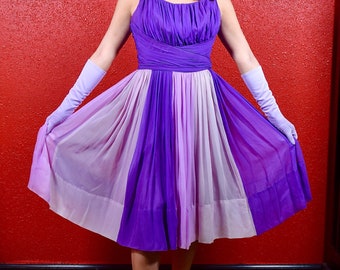 1950s Deadstock Chiffon Purple Panel Cocktail Dress by Elinor Gay