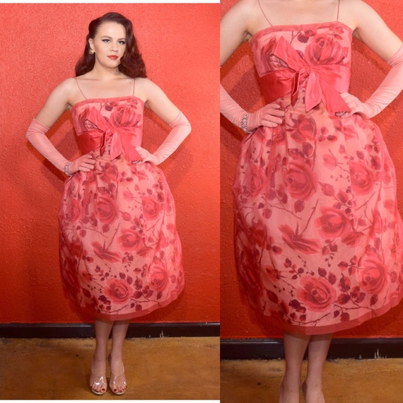 1950s Rosy Pink Dress Rose Print Chiffon Overlay - image 1