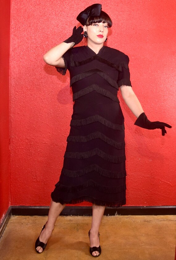 1940s Black Fringe Crepe Dress Large