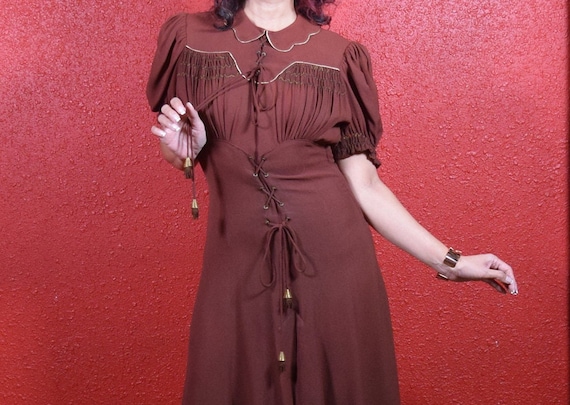 1930s Brown Crepe Corset Lace Dress - image 1