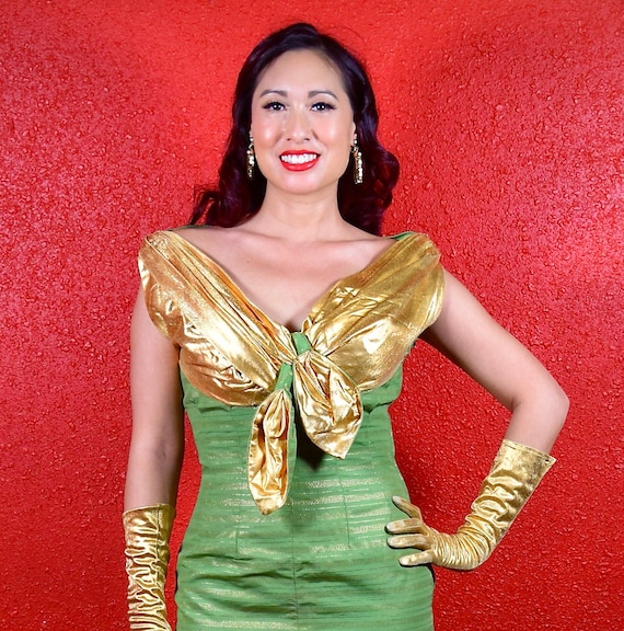 1950s Liquid Gold Lamé and Green Dress Wiggle Dre… - image 2