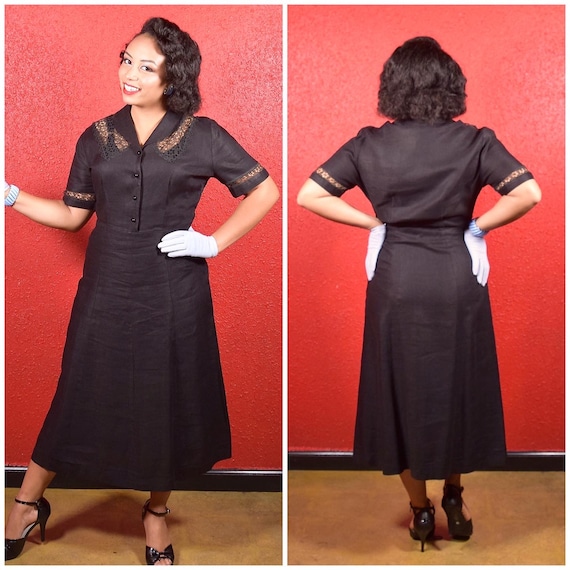 1940s 50s Linen Anthracite Shirtwaist with Lace P… - image 1