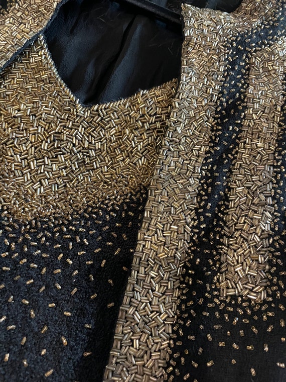 1960s Gene Shelly Gold Sequin w Paillette Detailing Stretch Knit Dress