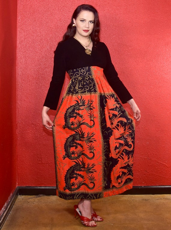 1970s Dragon Print Maxi Dress Red 