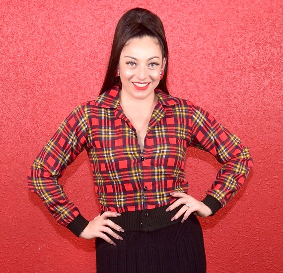 40s Style 1970s Flannel Plaid Waistband Shirt