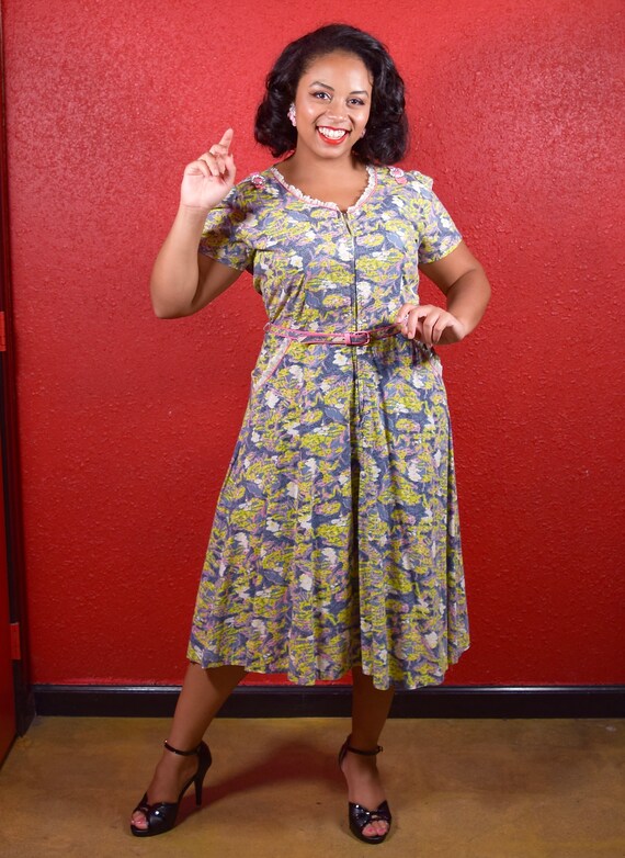 1940s Cotton Novelty Print Housedress Large