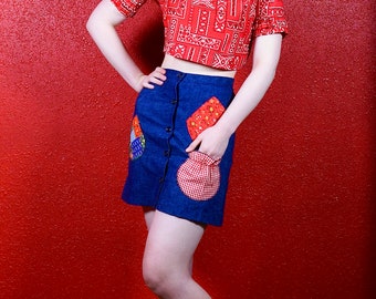 1960s Chambray Patchwork Pocket Mini Skirt Denim Look
