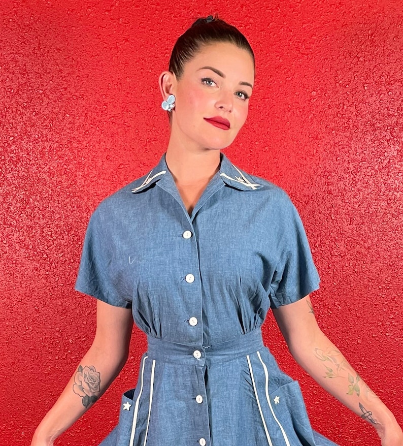 1940s Nautical Dress Chambray Blue with Stars image 7