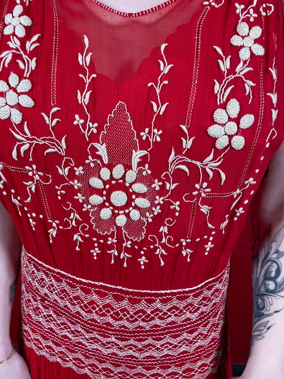 1920s 30s Hungarian Embroidered Red Voile Dress - image 9
