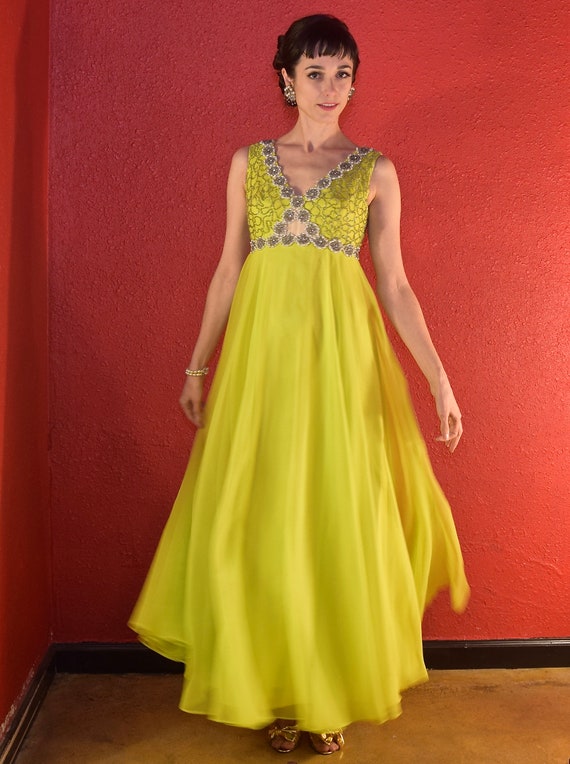 1960s Chartreuse Chiffon & Beads Gown - image 2