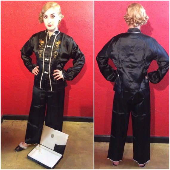 1950s Asian Embroidered Pajama Set Black with Gold