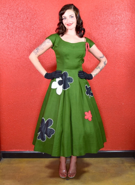 1950s Jo Copeland Linen Green Fit & Flare Dress