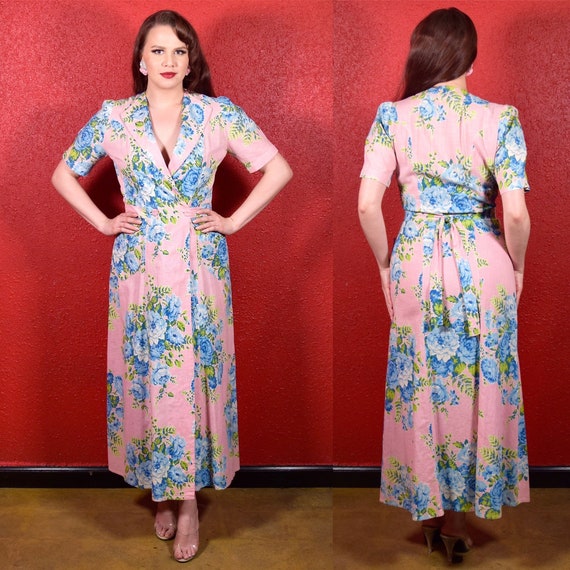 1940s Floral Wrap Lounge Dress Hostess Robe