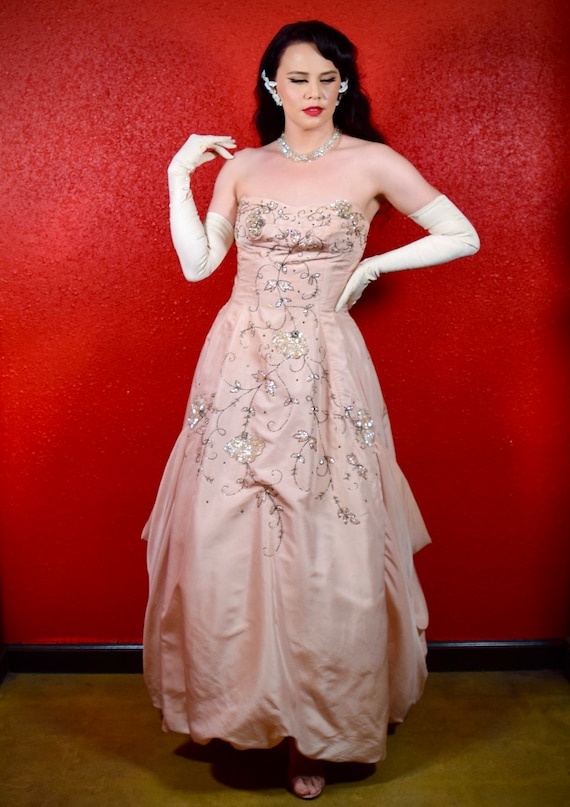 1950s Pink Taffeta Beaded Strapless Gown Bubble He