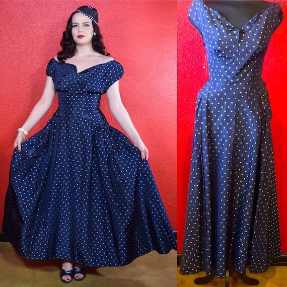 1940s Navy Taffeta polka Dot Gown