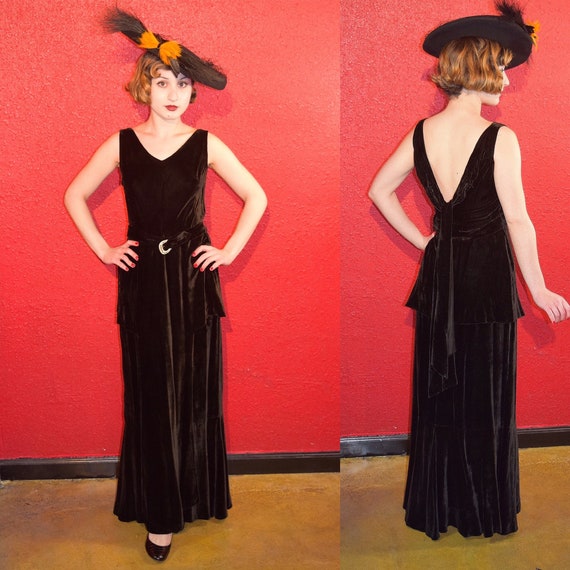 1930s Silk Velvet Black Gown Peplum