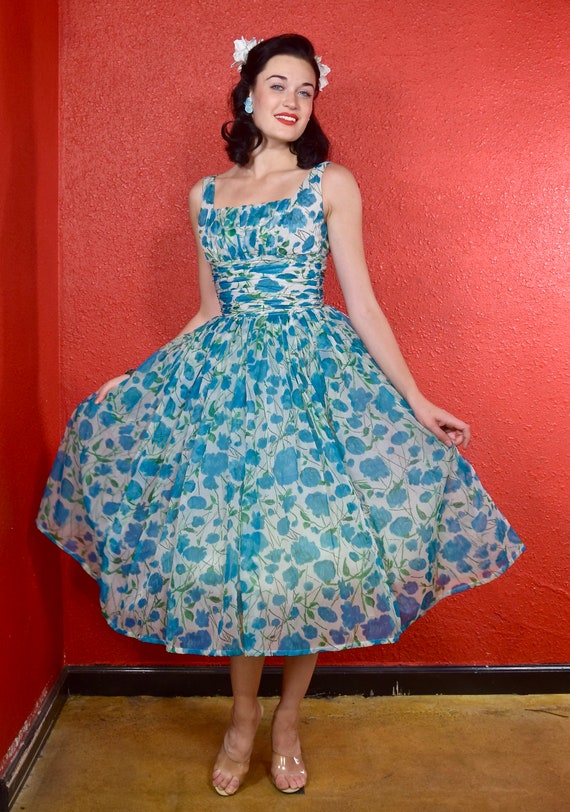 1950s Floral Chiffon Fit and Flare Party Dress