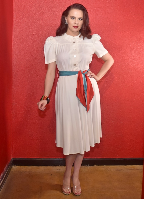 1940s Rayon Dress White with Color Block Tie Joan
