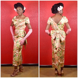 1950s Warp Weave Floral Silk Gown