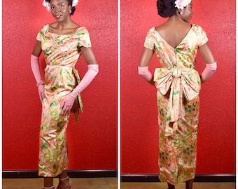 1950s Warp Weave Floral Silk Gown