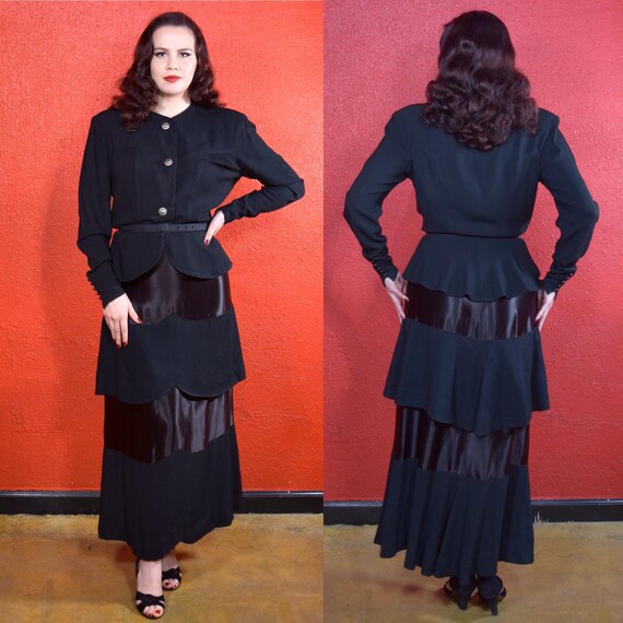 1930s 40s Black Crepe Skirt Suit Olga Original