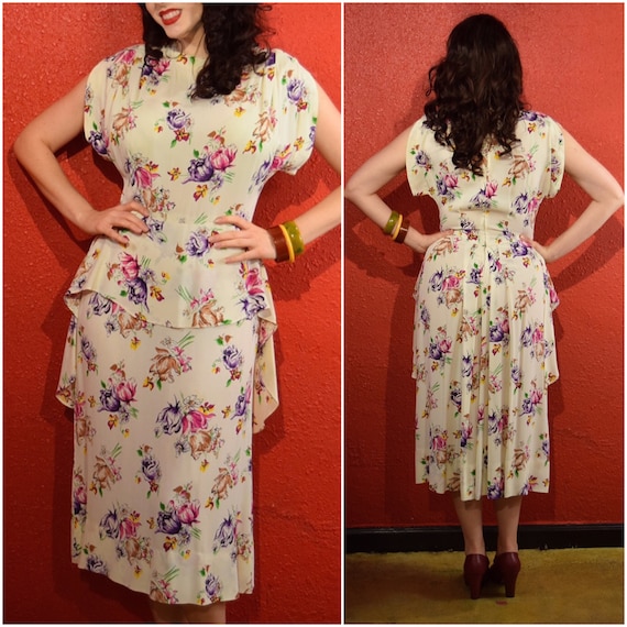 1940s Crepe dress Tulip Print Draped Peplum