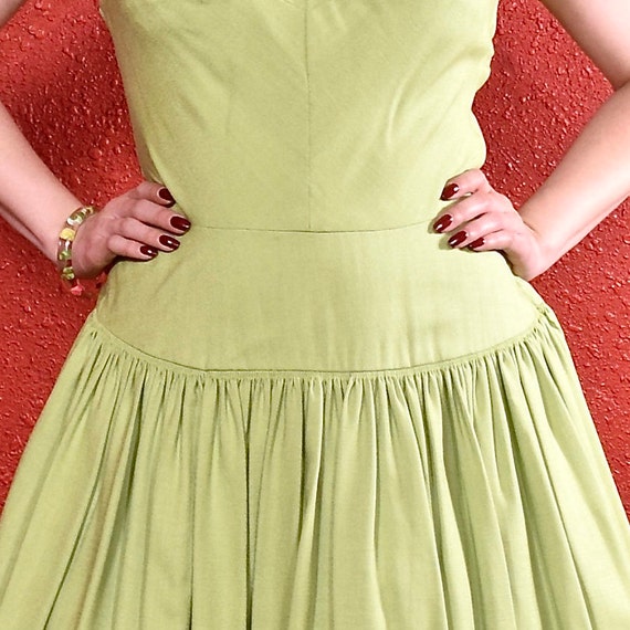 1950s Lime Green Cotton Full Skirt Dress Soutache… - image 7