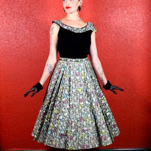 1950s Multicolor Velvet & Paper Taffeta Print Circle Dress image 3