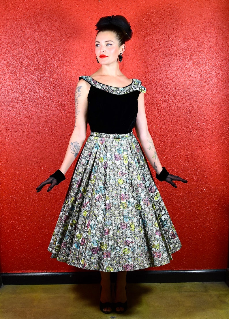 1950s Multicolor Velvet & Paper Taffeta Print Circle Dress image 3