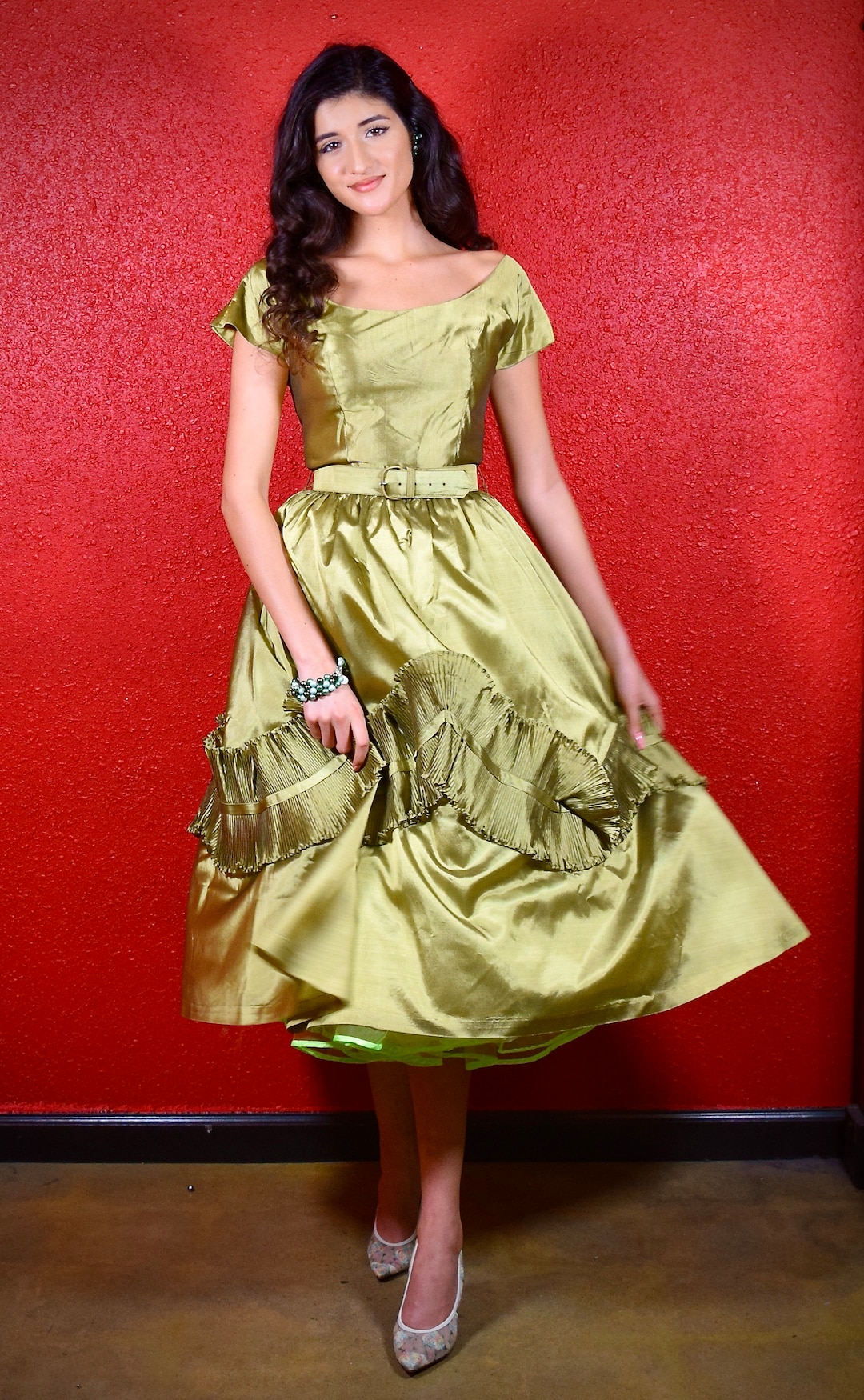 1950s Suzy Perette Olive Green Accordion Pleat Dress With Belt - Etsy