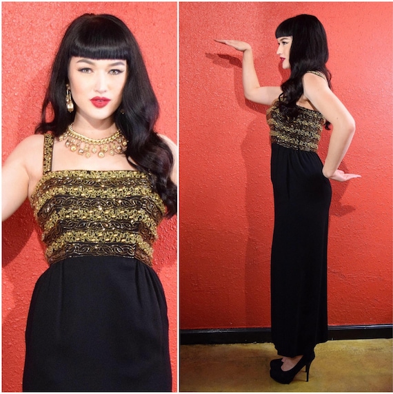 1960s Malcolm Starr Beaded Gown Gold and Black