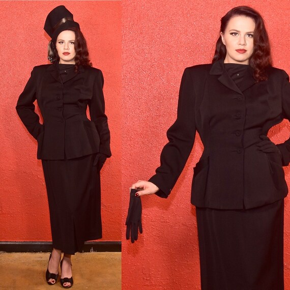 1940s Black Gabardine Suit Classic Skirt Set