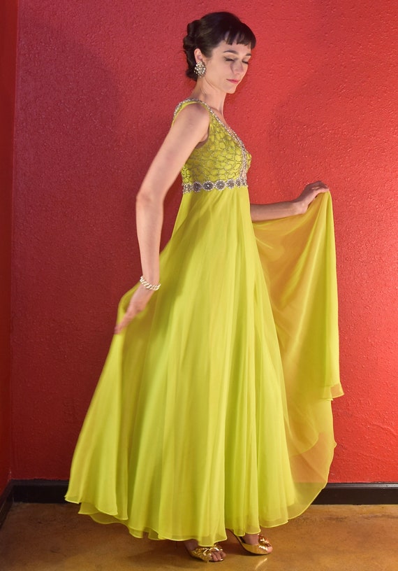 1960s Chartreuse Chiffon & Beads Gown - image 3