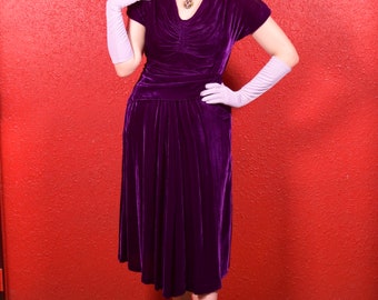 1930s Purple Silk Velvet Draped Dress