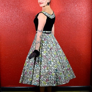 1950s Multicolor Velvet & Paper Taffeta Print Circle Dress image 7