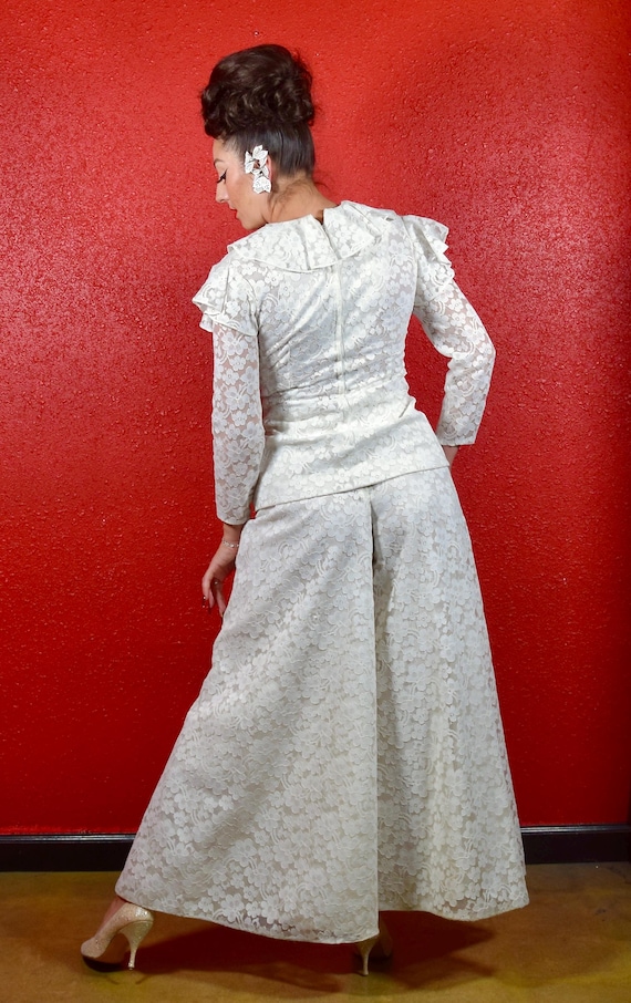 1970s White Lace Pants Suit Wide Leg Pants Ruffle Blouse 1970s White Lace Pants Suit Wide Leg Pants Ruffle Blouse