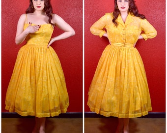 1950s Yellow Chiffon Two Pice Dress & Jacket Ensemble