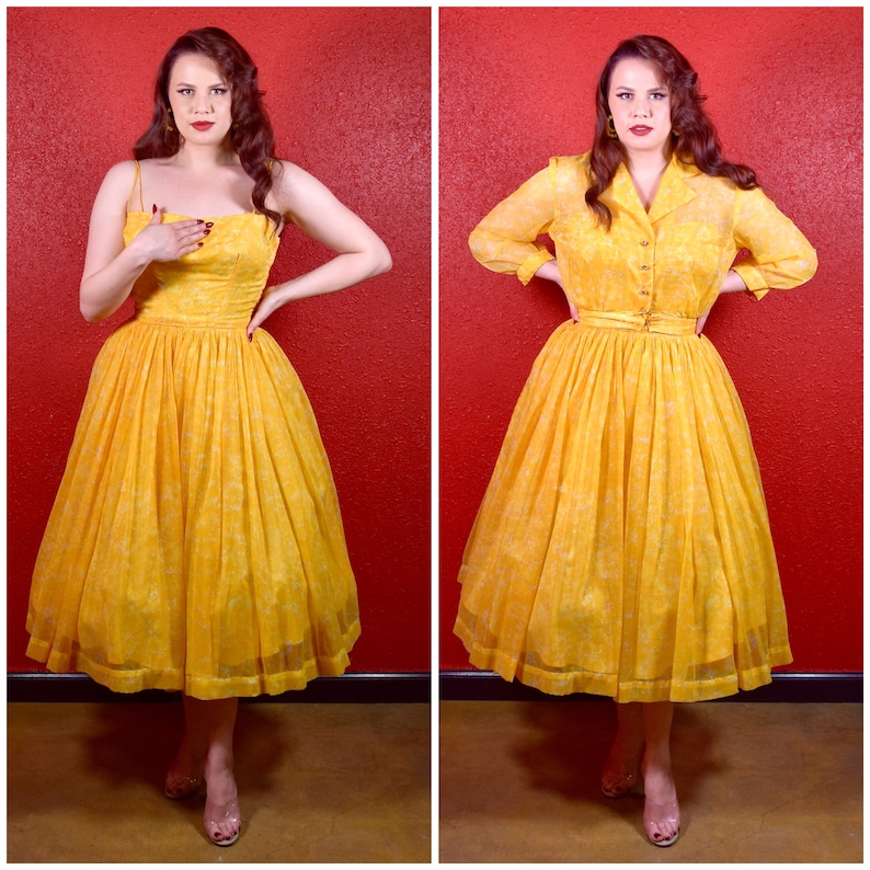 1950s Yellow Chiffon Two Pice Dress & Jacket Ensemble image 1