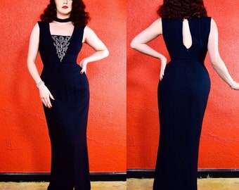 1950s Bombshell Black Crepe Fitted Gown