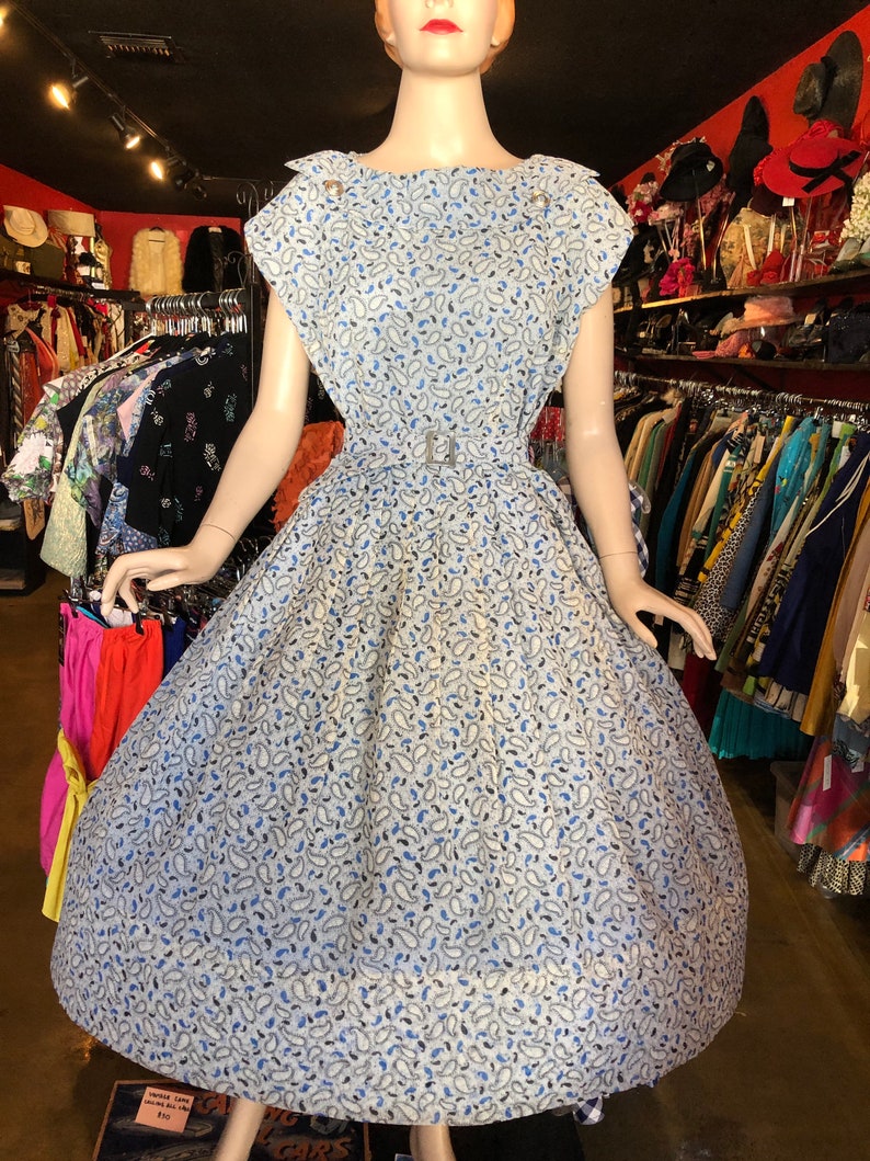 1950s Large Print Dress Blue Paisley Plus Size Nylon Seersucker image 2