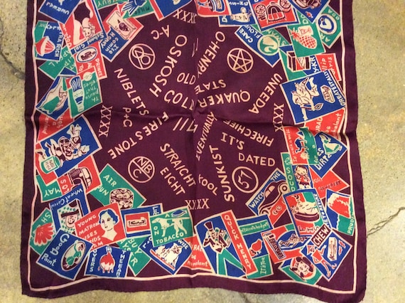 1940s Advertising Novelty Print Rayon Scarf