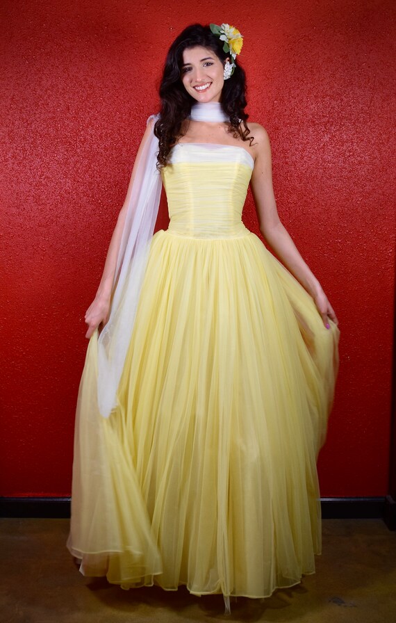 1950s Yellow Chiffon Ballgown with Draping Scarves