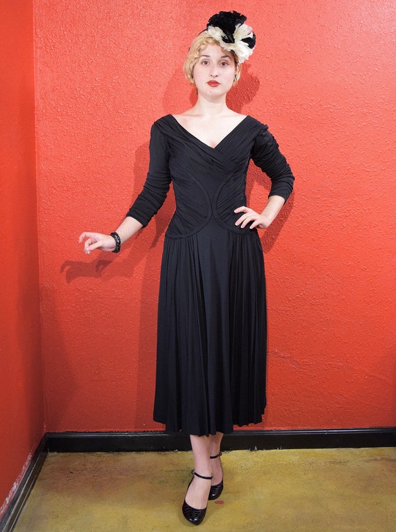 1950s Ceil Chapman Designer Jersey Draped Dress