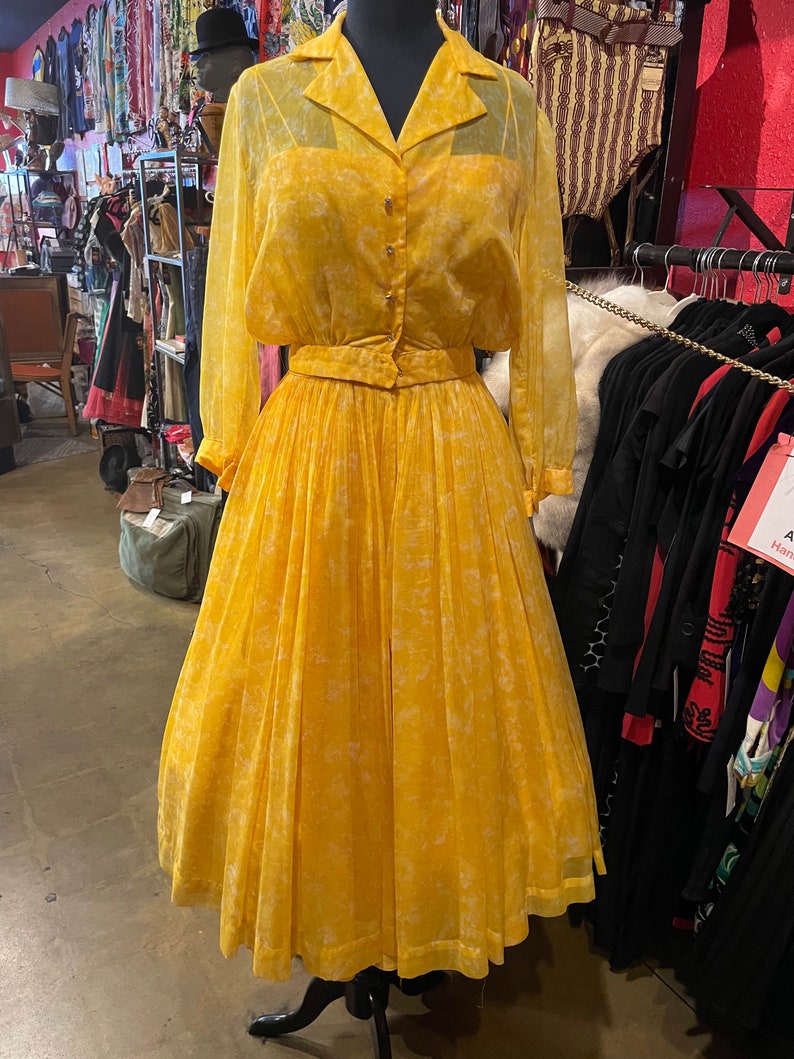 1950s Yellow Chiffon Two Pice Dress & Jacket Ensemble image 5